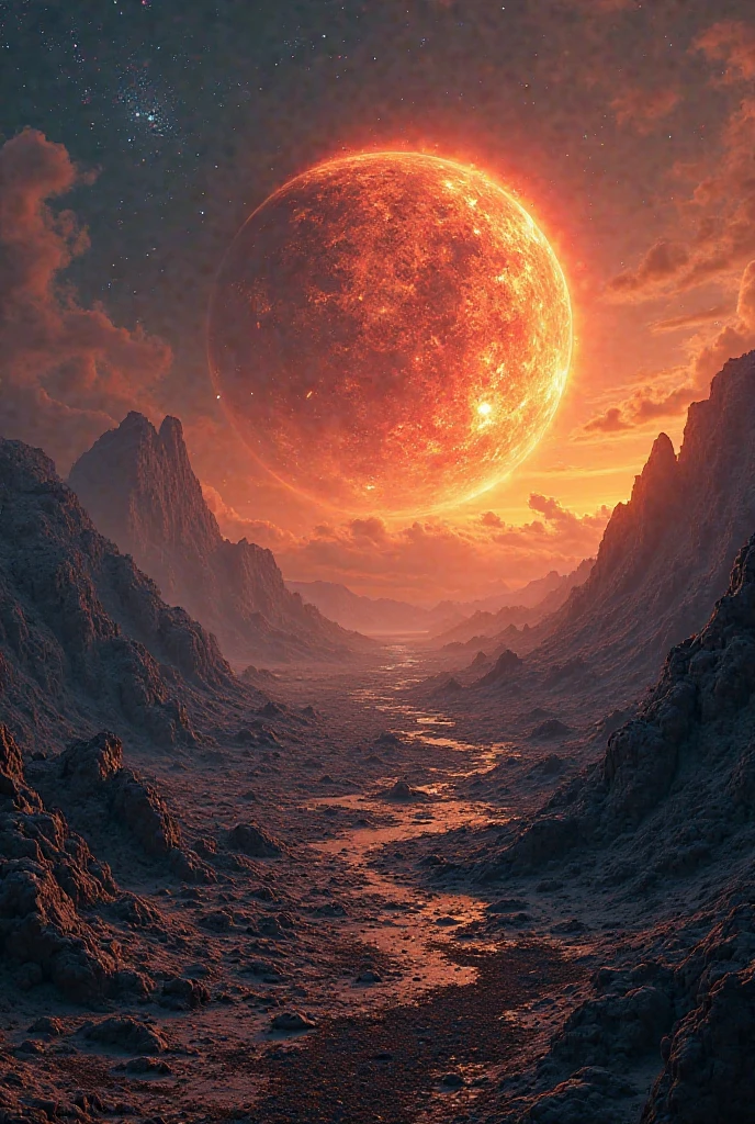 A dramatic alien landscape with a rough, rocky surface illuminated by the intense glow of a massive, fiery planet rising on the horizon. The planet appears cracked and molten with a vivid orange and red surface, emitting heat and light. The sky is filled with cosmic elements, including nebula clouds and faint stars, blending dark blues with fiery oranges. The terrain in the foreground is jagged, shadowy, and otherworldly, adding to the apocalyptic and sci-fi atmosphere.