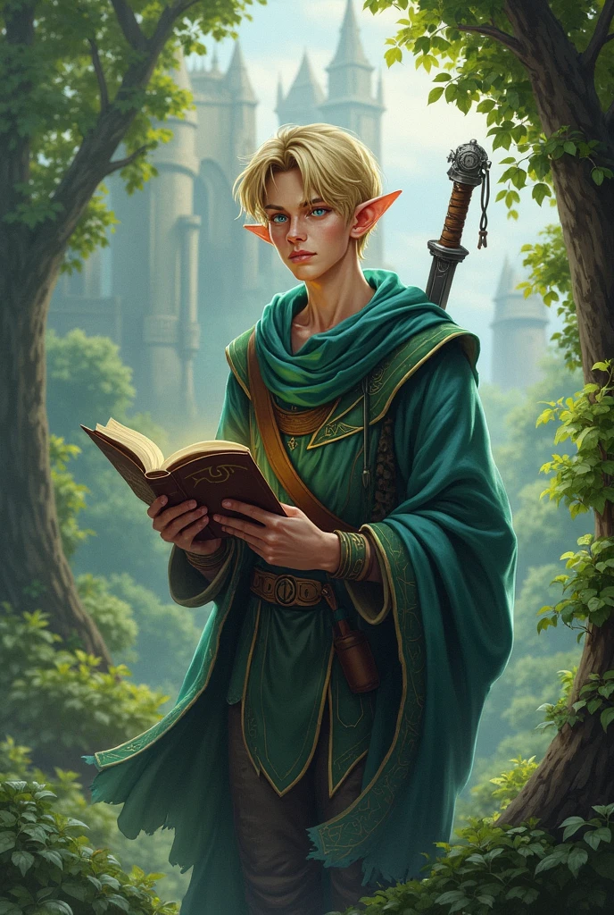 (handsome man with a floating book:1.2) ( short blond hair: 1.2) (tall blue eyes:1.2) ( costume of an elf : 1.2) ( who is in a forest and a castle behind:1.0) ( who has a black sword with light:1.4) 