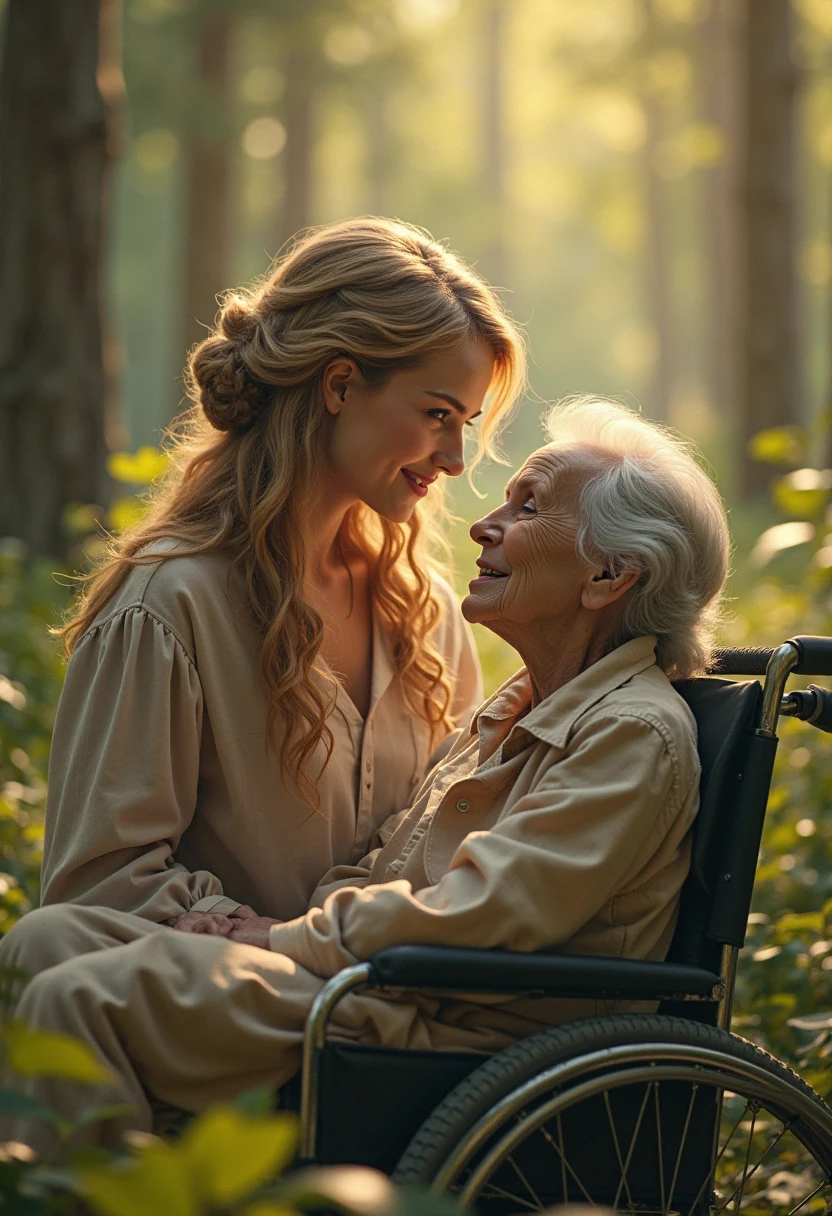 Long blonde curls tied together in a bun, full lips and green eyes, walking behind a wheelchair with grandma in the background of woods.
