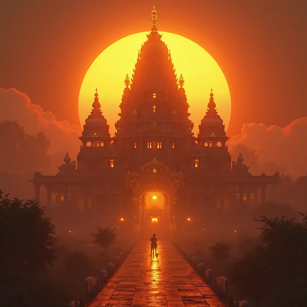 a glowing temple at sunrise, hanuman ji's golden silhouette in the background, orange-red aura, cinematic 4k, ultra realistic 3d, detailed architectural design, intricate stone carvings, ornate golden spires, mystical atmospheric lighting, dramatic volumetric fog, warm golden hour colors, photorealistic lighting and shadows, hyper detailed textures, award winning cg artwork, unreal engine, physically based rendering, matte painting style
