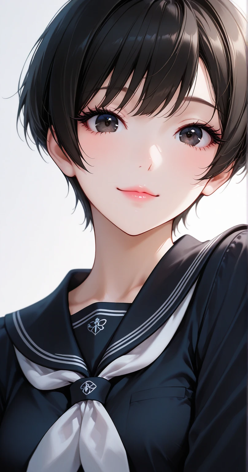 insanely detailed,
She is beautiful,
Cute anime-style girl (1.9),
Cell-shaded style, vibrant colors (1.9), 2D anime style(1.9), flat color (1.9),
Sharp focus (1.3), clear lines, crisp outlines, harmonized colors,
Alluring mystique, stunning clarity,
short choppy messy pixie cut black hair with ahoge, glossy highlights, glossy hair texture, flowing strands (1.3),
Detailed black eyes with intricate irises, large highlights, subtle intensity in gaze, clear eyes (1.5), beautiful eyes, intricate iris patterns, Ultra-detailed eye contours, Long eyelashes, exquisite eyelashes, delicate eyelash highlights(1.3)
Calm, boyish beauty, delicate yet strong,
Ethereal, quiet confidence, innocent yet captivating.
Delicate facial features, pure aura, fragile yet unyielding.
She wears a white lace slip under her sailor uniform.
White neckerchief, traditional Japanese school uniform (serafuku),
Classic black sailor uniform, no symbols or emblems (1.7),
Jet black fabric, 3 black stripes on collar and sleeves, simple black sailor collar, black shirt, Long sleeve, 　
Backlight, white simple background,
1girl, solo, no additional characters,
Masterpiece, best quality, ultra-detailed, 8k resolution,
Perfect anatomy, no tattoos or symbols on face (2.5),
Slender figure, soft pink lips(0.1), flawless porcelain-like skin, dewy radiance,
Natural pose, arched back, 
light smile, looking at viewer,
Face shot, front view, extreme close-up,
Highly detailed face, refined body, flawless skin.