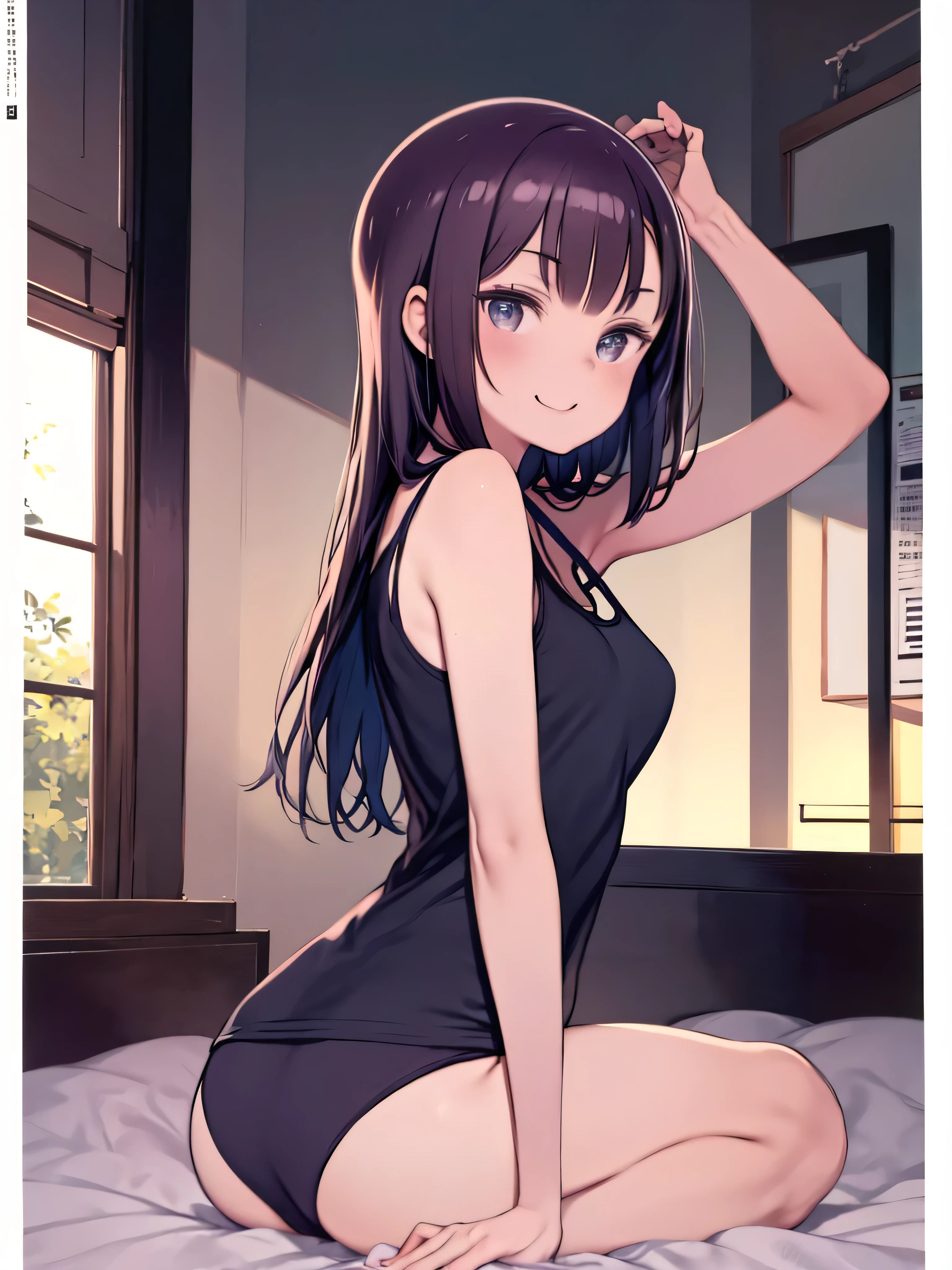 1girl, solo, purple eyes, black hair, long bair, wavy hair, soft blush, looking at viewer, pale skin, sultry eyes, long eyelashes, dolly face, small elf ears, attraeyeliner, posing seductively, purple latex outfit, stockings, realistic background, bedroom, standing, ultra, HD.