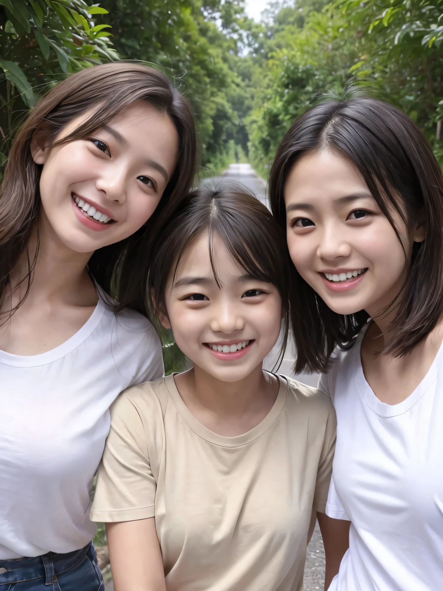 Age 19、HD, masterpiece, ((Thin t-shirt))red cheeks, best quality, smile, ( Medically Accurate ), staring at the camera,show your teeth and laugh, country road, 3 girls、Different types of faces