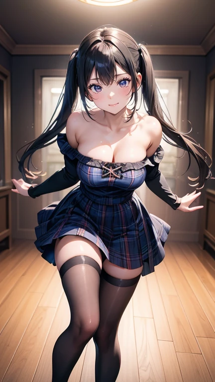 (High School Uniform:1.5)、(Spread your legs)、(Rich color expression)、(Big Breasts)、8K resolution、 masterpiece、((Highest quality))、Anatomically correct、The girl is alone、(I narrowed my eyes a little..:2)、(Flower Hair Ornaments)、(tie)、(ribbon)、((Hasselblad Photos))、[:(Detailed face:1.2):0.2]、(Standing on tiptoes:1.3)