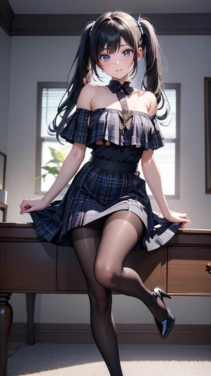 8K, drawn, masterpiece, high quality, highres, best quality, highres, 1girl, disheveled hair, illustration, focus on face, simple background, long hair, stockings, black hair, hair between eyes, calm, long bangs, ponytail, hair tie, crimson red eyes, large breasts, very long hair, breasts, perfect face, perfect legs, pleated skirt, full lips, arch back, add_detail:1