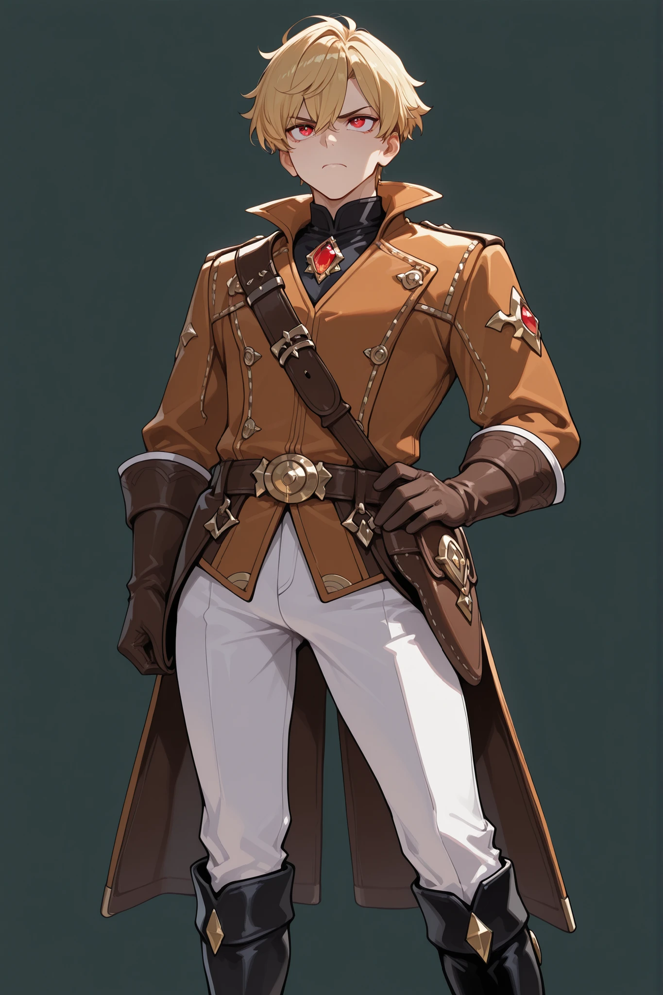 最高masterpiece,masterpiece,top quality,1 boy,short hair,red eyes, Jewel Eye.golden hair,saddle jacket,black boots, white pants , A serious expression,simple background