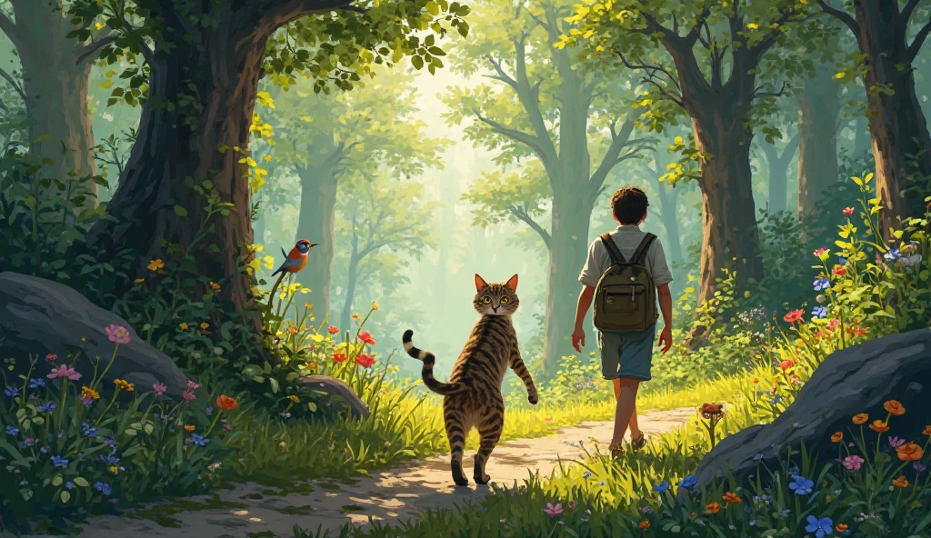 and the cat led the way through the forest.
At last, Sam reached home safely—thanks to the animals.