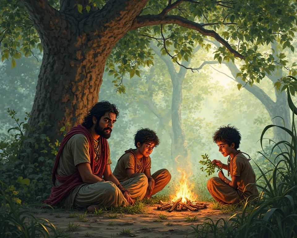 Maharana Pratap and his family sitting under a tree in the jungle, cooking on fire, ren eating leaves, dressed in simple torn clothes
