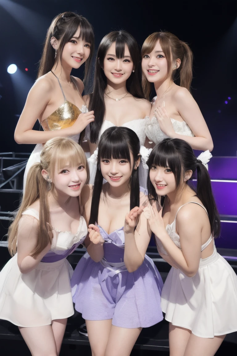 (RAW photo:1.2), (realistic), beautiful detailed girl, very detailed eyes and face, beautiful and detailed eyes, huge file size, High resolution, very detailed, highest quality, [table top:1.6], shape, very detailed, small details, highest quality, 8k wallpaper, movie lighting,two 15 year old girls, female idol group , Hugs and kisses on stage, kiss each other with tongues intertwined, In underwear, I can see the white bra, You can see the white panties, Romantic relationships, Sounds like fun, slender body, young face, immature body, underwear exposed,Multiple female idols around, Won a singing show, trophy