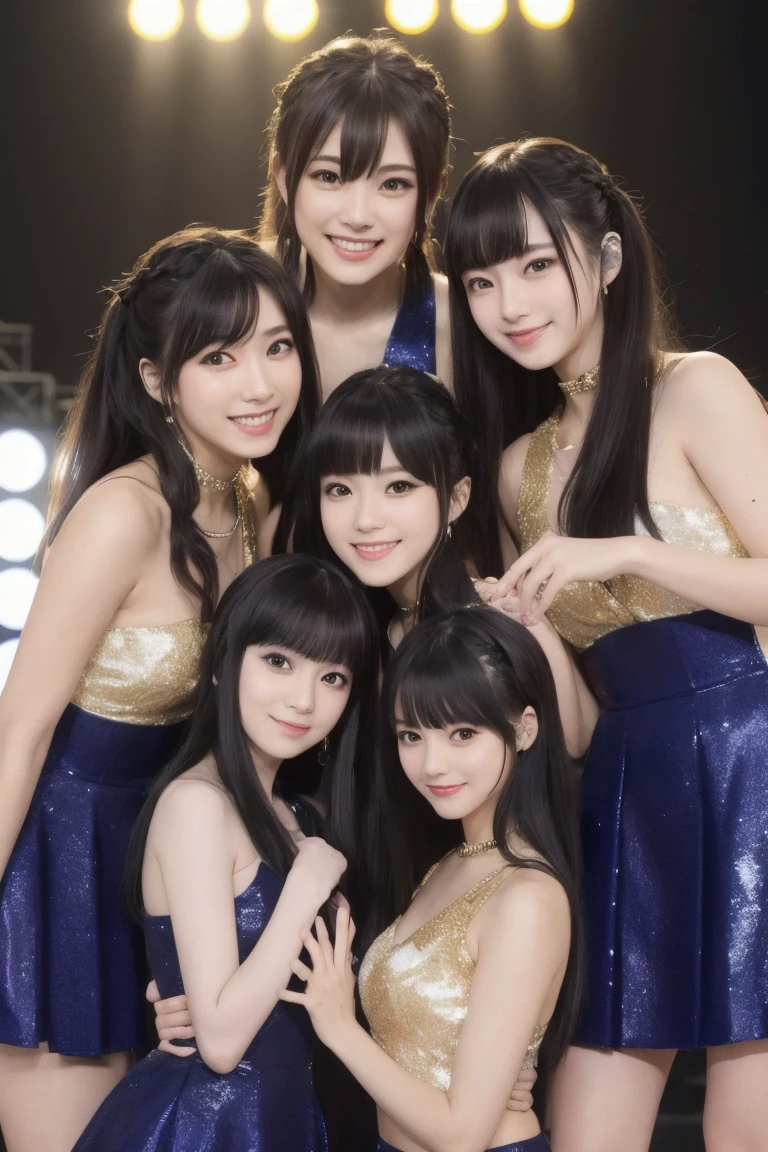 Raw photo、(((multiple girls))),((((6+girls)))),Women only、100 idols singing and dancing on stage、12 years old,japanes、((Same height))、The same face,((A dark-haired)),Longhaire