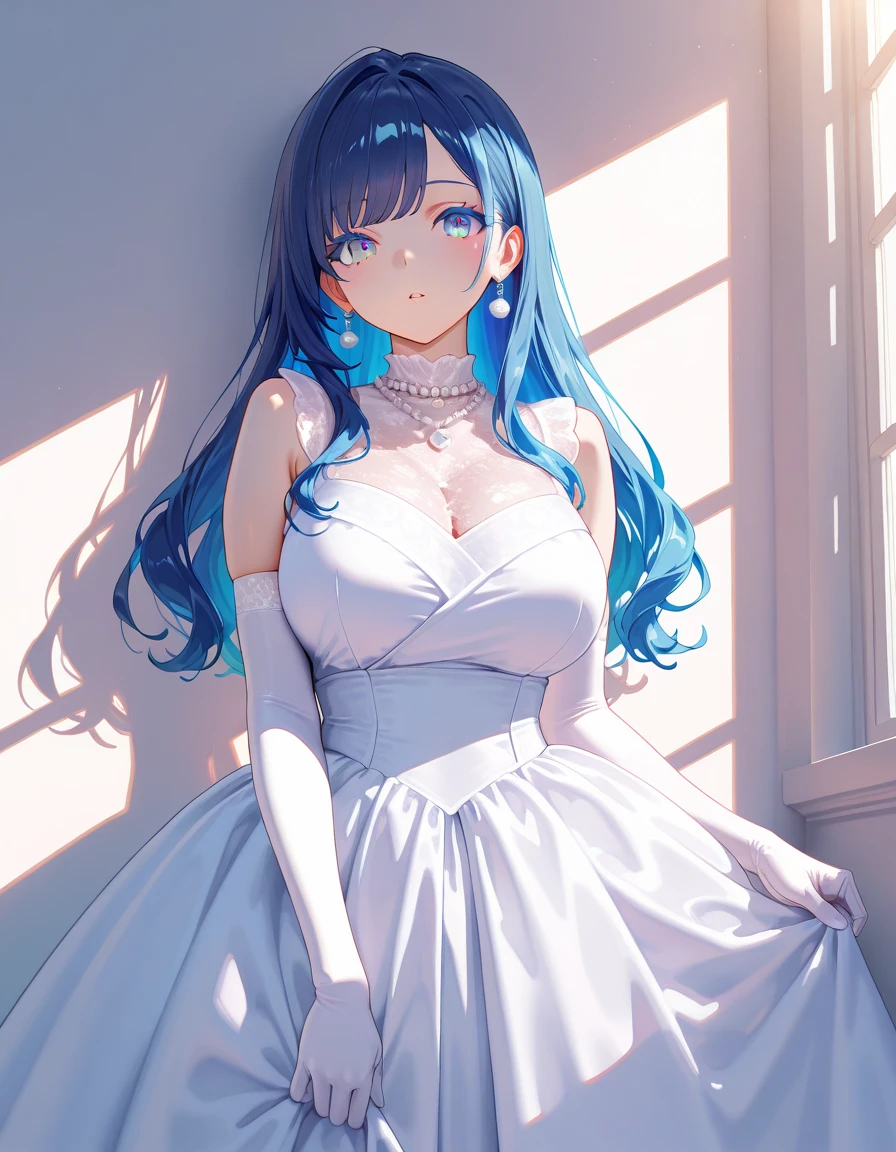 ((highest quality))、((Highest quality))、((Highest Resolution))、masterpiece、The best beautiful girl、Gray Hair, blue eyes, Light blue wedding dress, Big Breasts、Blue hair ornament、((to close range)), On the bed、Showing off white underwear、Blue Necklace、Blue earrings
