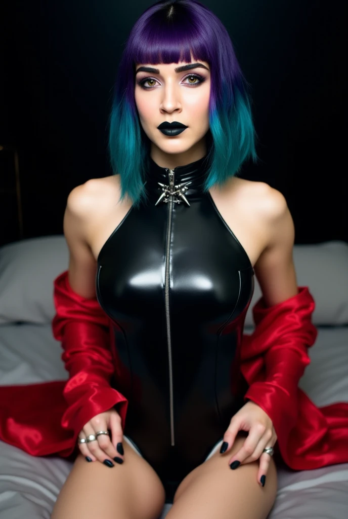 Very sexy naked. Cruella de Ville. In a shiny latex. He is sitting on a luxurious sofa