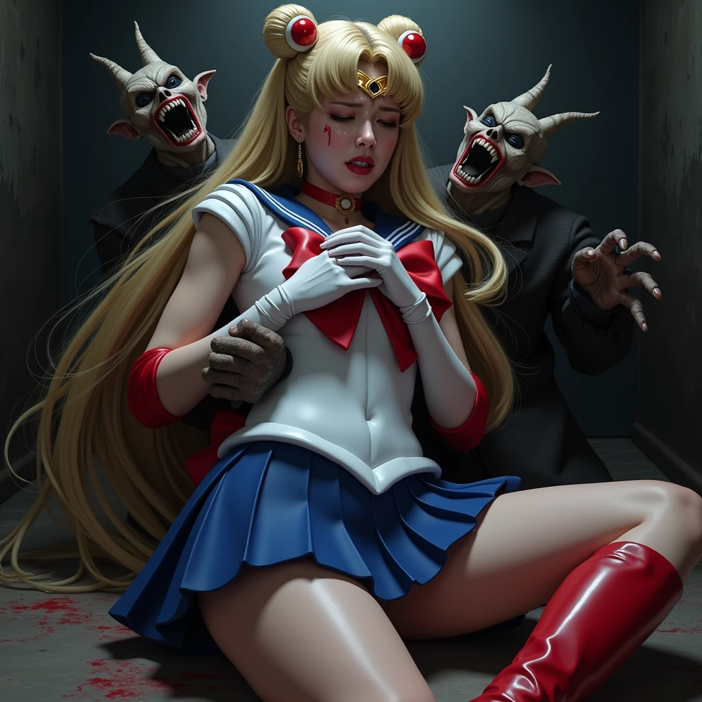 Hyperrealism, masterpiece, highest quality, A young Japanese woman is lying on the floor, ((she is crying and screaming in pain)), tears from her eyes, painful face, she is wearing a Sailor Moon costume, Blue sailor collar, Blue short mini pleated skirt, she is wearing a very short blue mini pleated skirt, (upskirt), Long white gloves, shiny beige color pantyhose, Exposed thighs, red long boots, big choker, long blonde Hair, 1 big body devil hold her wrists, 1 small devil is kneeling between her legs,