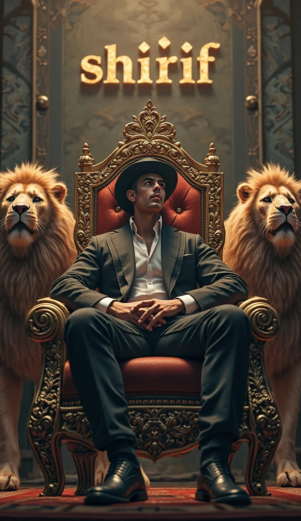 A handsome handsome shirtless man wearing gold pants sitting on a king&#39;s chair, slim white skinned in the desert palm tree behind a lake and a peacock with two leopards beside him