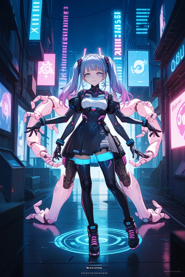 1girl, solo, white hair, pink hair, (blue bodysuit, boots, gloves), (surrounded by electricity, lightning, particles), cute pose, tokyo street backdrop, (neon atmosphere), masterpiece, best quality