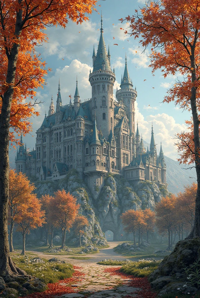 High Resolution, Masterpiece, Best Quality, Detail, High Details, Depth Of Field, 3D Rendering, beautiful and huge medieval palace with maple trees around