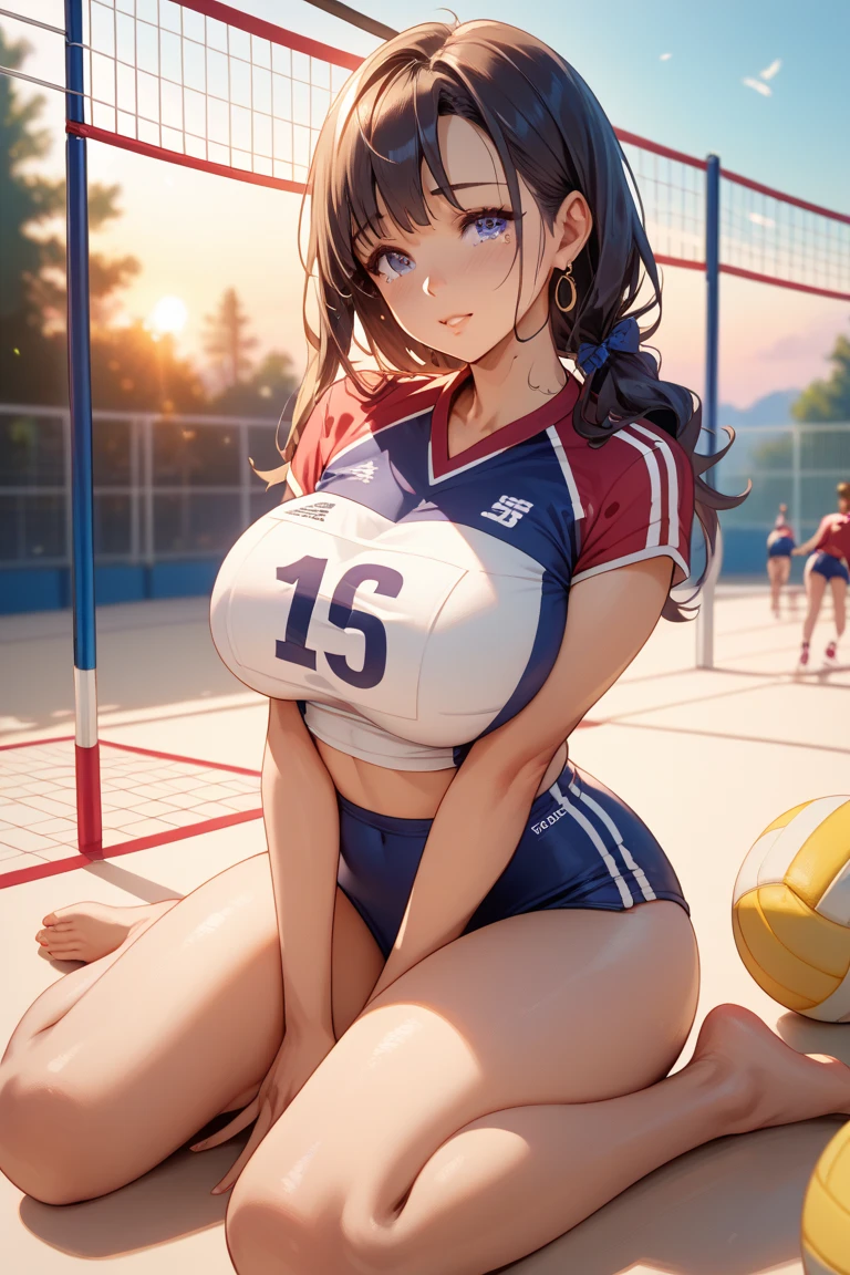 8K, RAW Photos, Highest quality, masterpiece, Realistic, Realistic, (1 Ultimate beauty), 18-year-old, Highly detailed face, (Perfect Teeth), Fine grain, double eyelid, eyelash, Grin, Lip details, Brunette Bob, Natural Breasts, ((Sky blue volleyball uniform)), ((Red flower))Soft Light, ((Written boundary depth)) 、Shot in the back、sum、Stick your butt out、Spread your legs、Slender body、Inverted nipples, Volleyball court,