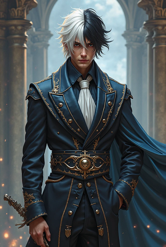  handsome man , with Ktad black hair half white , Half demon half elf, Wearing prince clothing  ,       shiny sword  , and floating book with magic