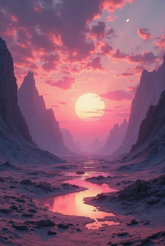 A majestic alien landscape with a glowing planet rising behind rugged, rocky mountains under a vibrant, multicolored sky. The scene features dramatic lighting with a mix of deep purples, fiery oranges, and soft pink nebula clouds. A second small planet or moon floats in the sky above. The foreground is a surreal, reflective terrain resembling a dried alien lakebed, reflecting the bright sky colors, enhancing the otherworldly feel. The atmosphere is peaceful yet powerful, evoking the beauty of a distant, uncharted planet at twilight.