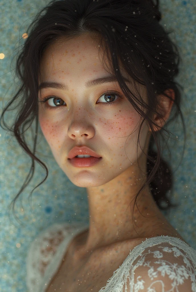 generate an image of most beautiful young woman in the world that is half italian, half french, half chinese and half british with grey eyes and freckles on her cheeks 