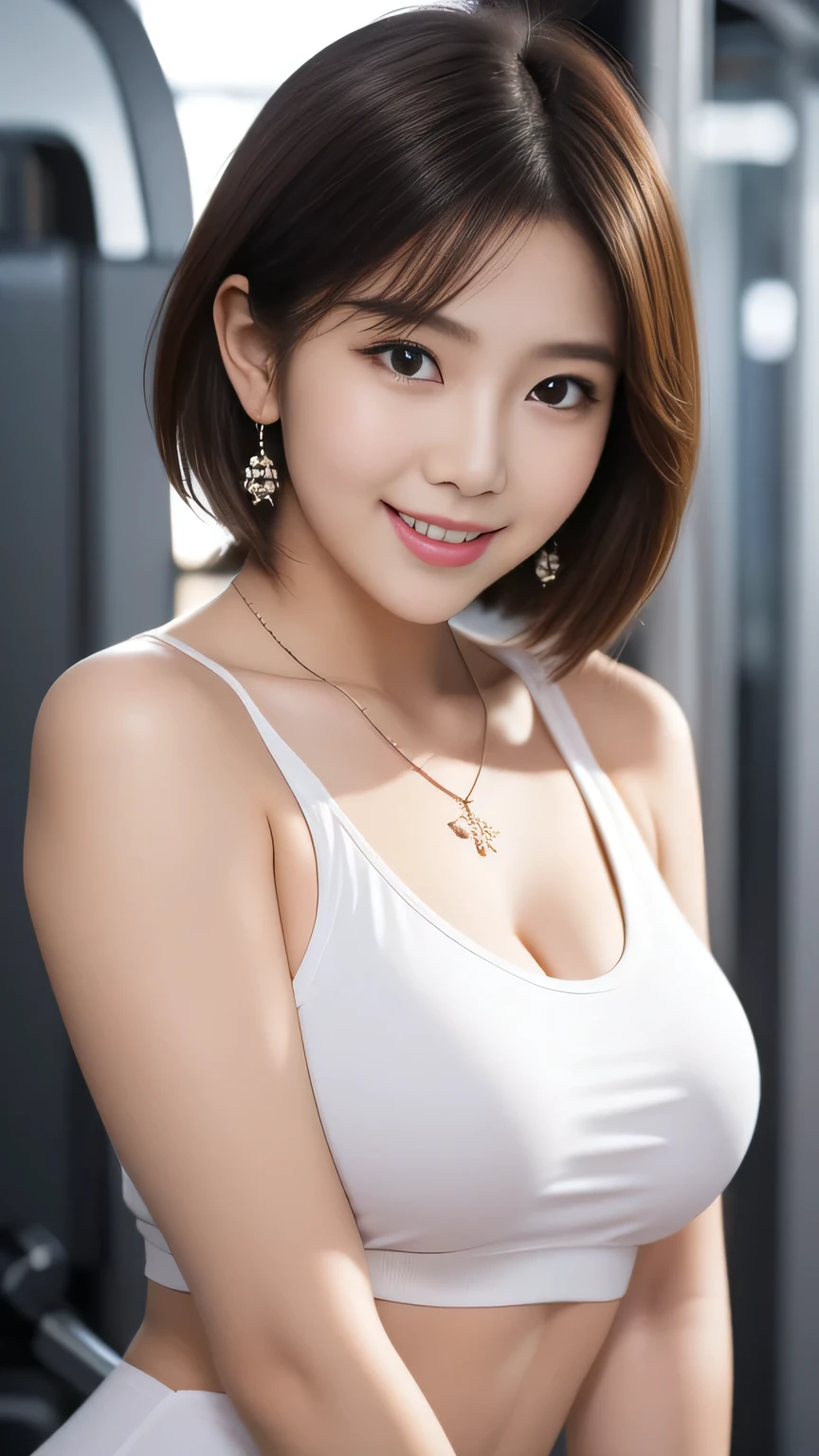 upper body closeup photo anatomically correct 5-finger beautiful Korean woman in front of the machine bangs this morning short hair earrings thin necklace Big Breasts Sensual Body tank top leggings At the fitness club looking at the camera cute charming smile