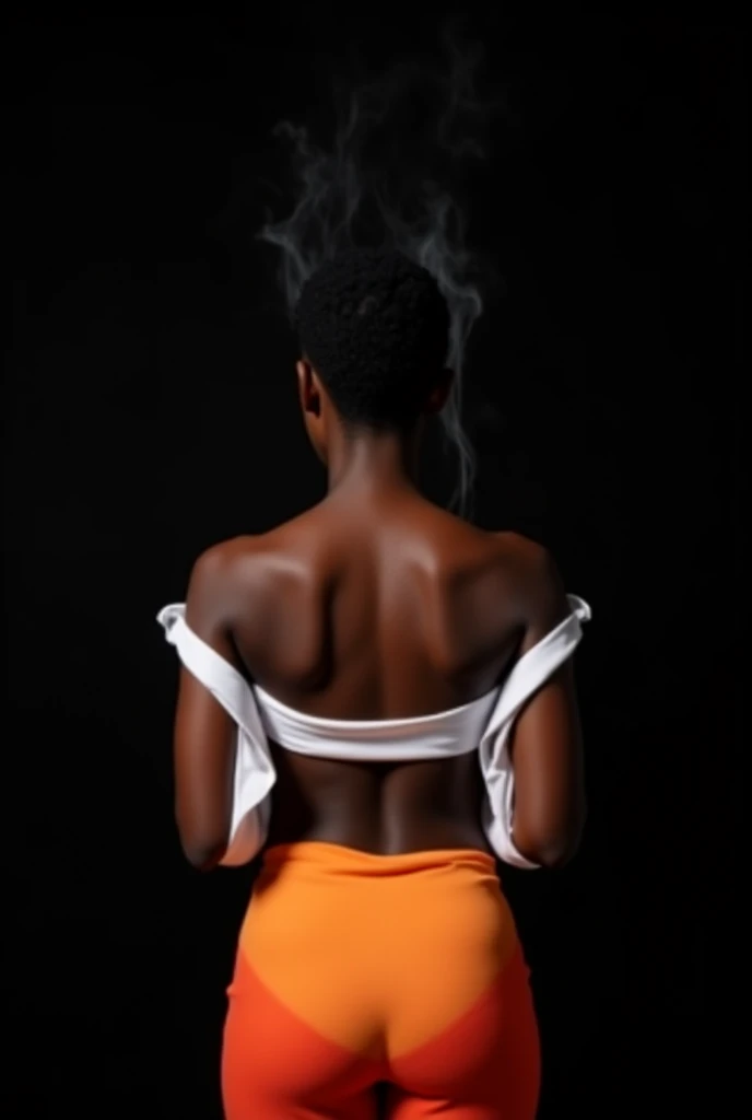Black woman, with braided hair, standing backwards, with a very big butt sticking out. fire tattoo on butt