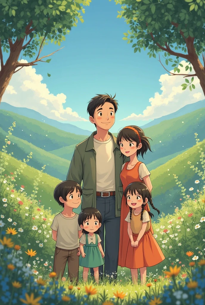 A man with his happy family, ghibli style