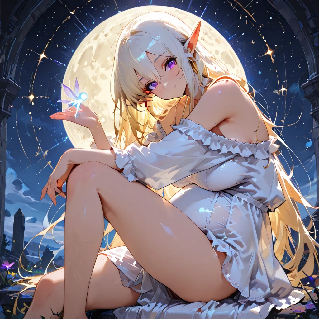 Sorciere curvy un halo autour de la tete main tendu cartes de tarot flottant autour d'elle fond de pleine lune