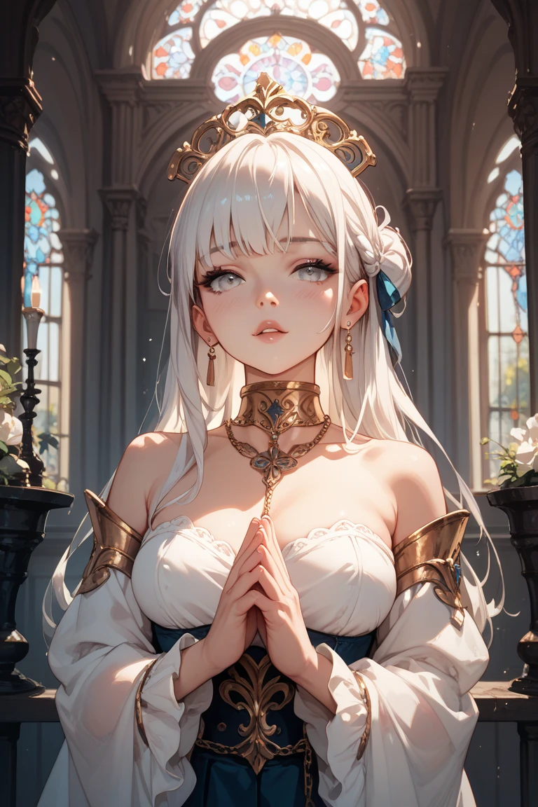 White hair and golden eyes, angelic face, glowing side, gothic white clothes, tilted head and smile