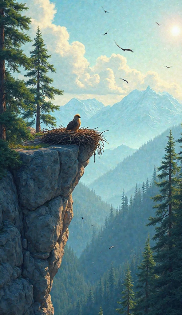 A wide cinematic cartoon-style shot of a peaceful eagle nest placed high on a rocky cliff ledge, surrounded by tall pine trees and misty mountains in the distance. A small, fluffy eaglet sits quietly in the nest, looking curiously around. The lighting is soft and morning-like, with gentle sunrays piercing through the clouds. The environment feels serene, birds fly gently in the background, and the forest stretches far below. The camera is about 10 meters away, capturing the whole cliff area and surrounding nature.