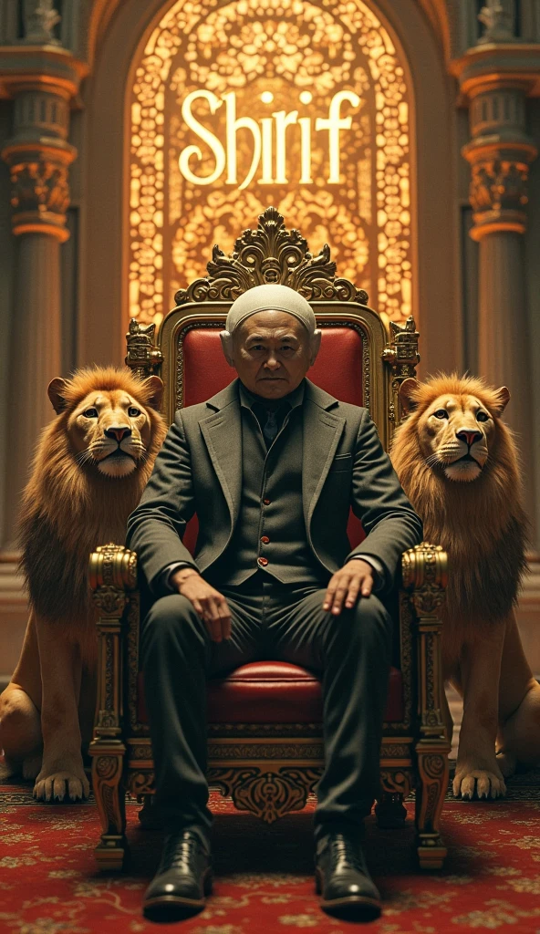 Rear view of a man with a dome on his head sitting on a royal chair next to two lions pointing up. He is wearing a jacket and behind him is a wall with lights on which is written in gold "SHIRIIIF"
