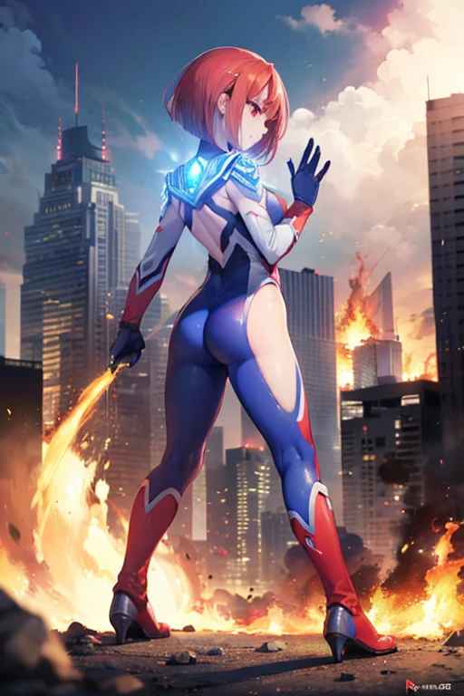 1 female,(bright red hair:1.5),short bob,red eyes, (Ultra Girl :1.0), (silver and red ultraman bodysuit:1.4),big breasts,(Put your hands on your hips:1.1),(fist:1.1),(Turn your back to your audience:1.3),(back view:1.2),(butt:1.2)
