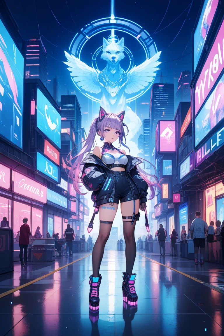 A futuristic anime girl with a holographic wolf-cut hairstyle, black base with neon gradient colors (blue, purple, pink). She has calm blue-violet eyes with a circuit pattern inside. Wearing a cyberpunk-style outfit: black and electric blue with glowing circuit lines, semi-transparent parts, and a digital-themed aesthetic. She stands in a neon-lit cityscape at night, surrounded by futuristic lights. Cool but a little clumsy expression. Anime style, full body, detailed, high quality.gamingroom,cun