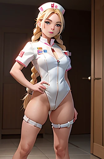 1girl, Blonde braided hair, Warrior, dressed in Glossy White Leather, also she's a Nurse, on the battle field.