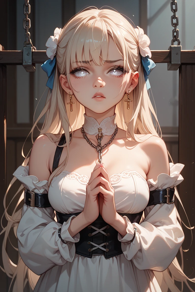 {(watercolor painting:1.2),(renaissance style:1.2)}, {hime cut}, BREAK, {erotic face,anguish,(very ecstasy:1.2),(writhing:1.4),embarrassing,half open eye},{(very obscene pose:1.2),(arched back:1.2),(arch one's head:1.4)}, {(dark_pink colored yukata:1.2), (chains fundoshi:1.2), (wet clothes:1.2)}, BREAK, {(many chains from the ceiling:1.4), (chain shibari:1.3),(chain bondage), (chain restraint),(wrap limbs with chains:1.8),(chain bind body),(chain in collar:1.2), confinement, shackles}, BREAK, {(2 woman:1, medium breasts, brown eyes, (lick each other, saliva), braid hair intricately)},{dynamic low angle view}, {(dark church glowing stained glass:1.2)}, BREAK,{(glowing tears:1.1),(captivating eyes),extremely detail hair, (pure white skin:1.1)}