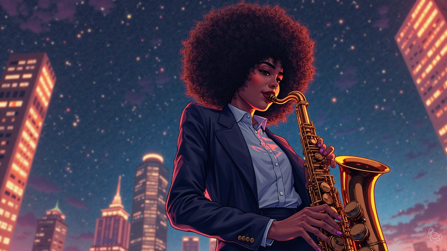  illustration ((( take wide angle , full body))) , Girl with long curly hair afro style, brown skin, girl in a cool black suit plays the saxophone, jazz music ,  Enjoy with the music, until , retro, Background showing music in a skyscraper , neon lights , detailed background , anime style, praise, relax, jazz, 