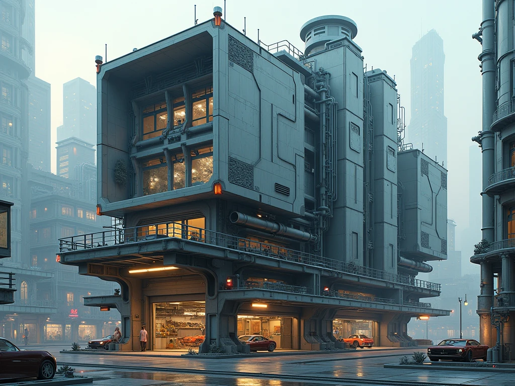 Mechanical garage exterior, 4k, realistic,