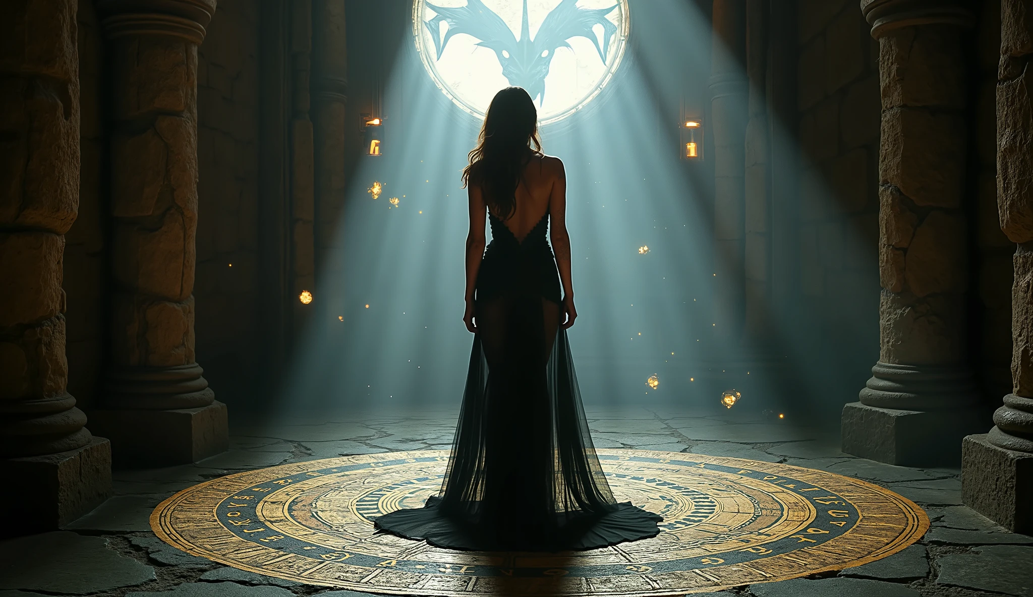 A gothic tower chamber glowing with magical runes carved into the stone floor. The beautiful woman, resembling Megan Fox, stands in the center, bathed in pale moonlight. Her sheer black gown flows around her bare legs, her chest subtly rising as she breathes heavily. Her eyes glow faintly violet, lips slightly parted. Her hands are raised gently, feeling the magic in the air. Around her, golden rune symbols float, and a transparent image of a massive dragon forms in front of her, its eyes locked on hers. The scene is filled with erotic tension, ancient power, and mystical energy. Dramatic shadows, cinematic lighting, 16:9.