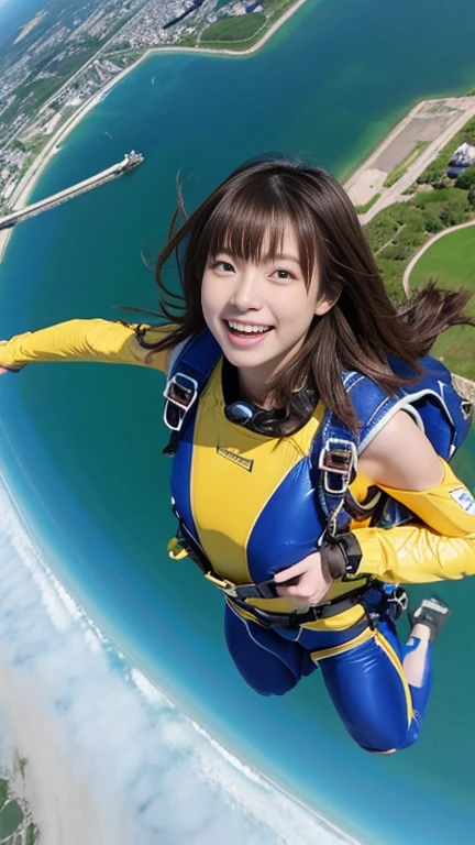 (8k, 32K, RAW photos, top quality, masterpiece: 1.2), ULRA high resolution, high definition photos, (skydiving girls), very cute girl close-up, (photorealistic: 1.2), (NSFW not safe for work), ponytail, smiling white teeth, (Greece, Aegean look, shooting girls from above), like the movie Superman( Super Woman Flying Reproduction), (Girl Flying 300m) (White Costume), (Beautiful view of the blue sea below, white roof)
