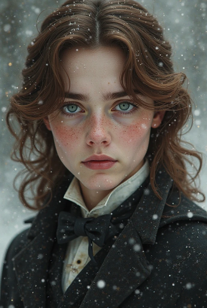 The color of his eyes is bluish-green 
His eyes are wide and prominent
His hair is brown and long, similar to that of the Victorian era
His body is athletic 
His skin is as white as snow 
His brother is red
