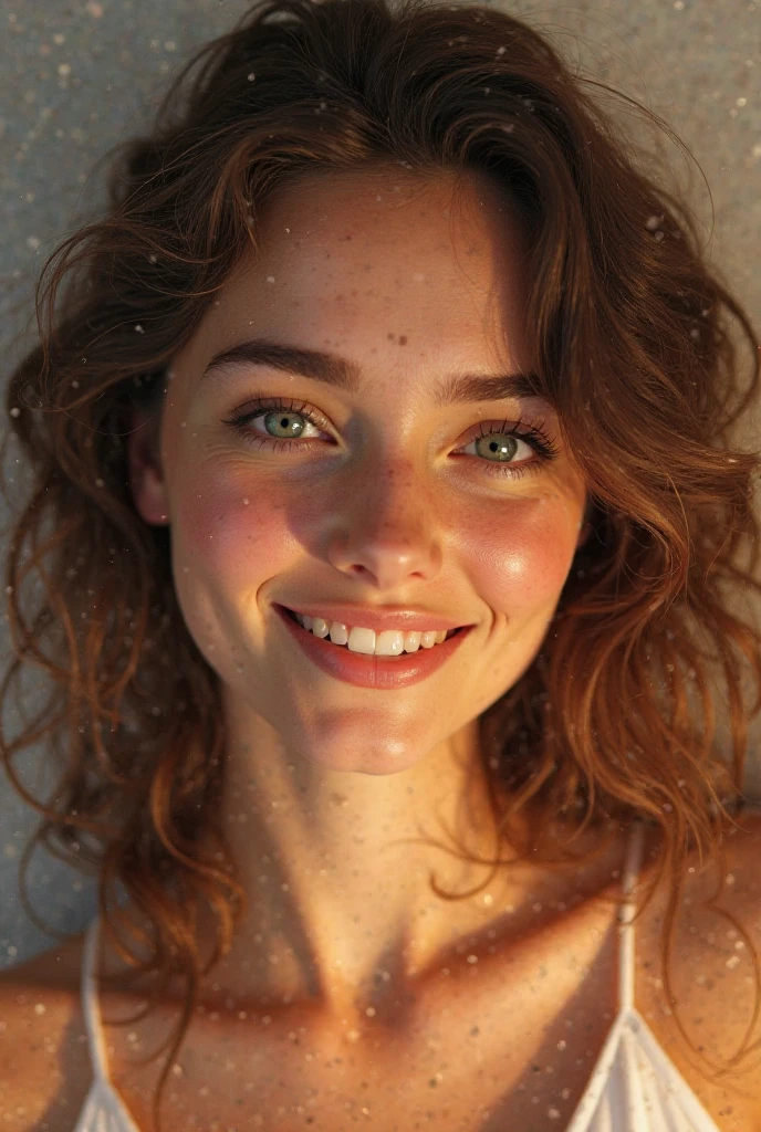 (a woman, white, beautiful, pretty face, symmetrical face, brown eyes, freckles on her face, medium hair, redhead, Shaggy style hair, Shaggy hair, smiling, beautiful smile) (positioned forward, looking forward, looking at the camera, face forward) (front lighting, natural lighting, daylight, vibrant colors, saturated, vivid colors) (perfect smile, smiling) (home setting, blurred background, beautiful background) (realistic style, realistic photo, professional photo , flat angle, focus on face, face photo, face only, photography) (8k image, full hd, 8k resolution, best resolution, work of art, perfect image)