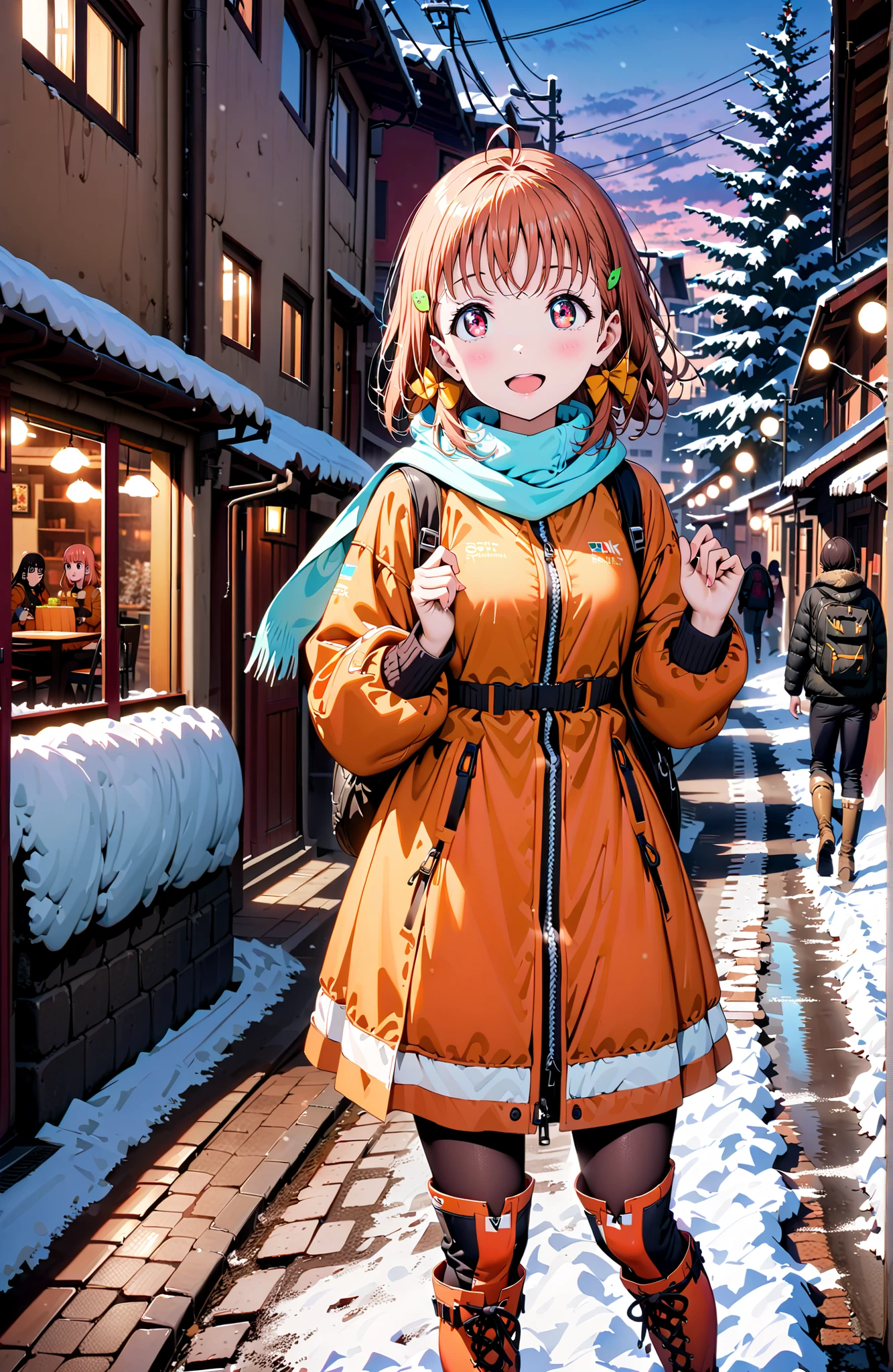 Takami Chika, short hair, Hair Ornament, Red Eyes, stupid hair, smile,blush,open your mouth,half up do,glasses,down jacket with hood,Light blue scarf,turtleneck sweater,orange skirt,boots,snow,winter, Beautiful Streetscapes,evening,is standing,full bodyがイラストに入るように,break outdoors, residential area,
break looking at viewer,full body,
break (masterpiece:1.2),top quality ,Kampala,unity 8k 壁紙,(shape:0.8),( fine, beautiful eyes :1.6),It's a person ,full body写真,CG Details , (perfect hand,Complete Anatomy),