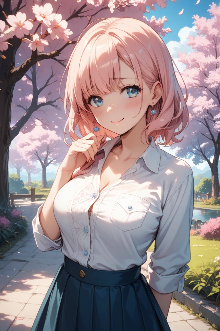 (masterpiece:1.3, top-quality, ultra high res, ultra detailed), (cleavage:1.4),(realistic, photorealistic:1.4), beautiful illustration, perfect lighting, natural lighting, colorful, depth of fields, surrealism, (embarrassed,blush:1.3),
beautiful detailed hair, beautiful detailed face, beautiful detailed eyes, beautiful clavicle, beautiful body, beautiful chest, beautiful thigh, beautiful legs, beautiful fingers, shiny skin,
looking at viewer, 1 girl, japanese, high school girl, (perfect anatomy, anatomically correct, super detailed skin), cute and symmetrical face, babyface, perfect face, perfect eyes,
(middle hair, two side up, pink hair), crossed bangs, purple eyes, drooping eyes, big eyes, long eyelashes, (large breasts, seductive thighs, skindentation), slender, outstanding style,
((detailed cloth texture, white collared shirt, blue pleated skirt, dark red neck ribbon), black thigh-highs, loafer),
(beautiful scenery), late afternoon,hands on chest, (lovely smile, upper eyes, open mouth small),