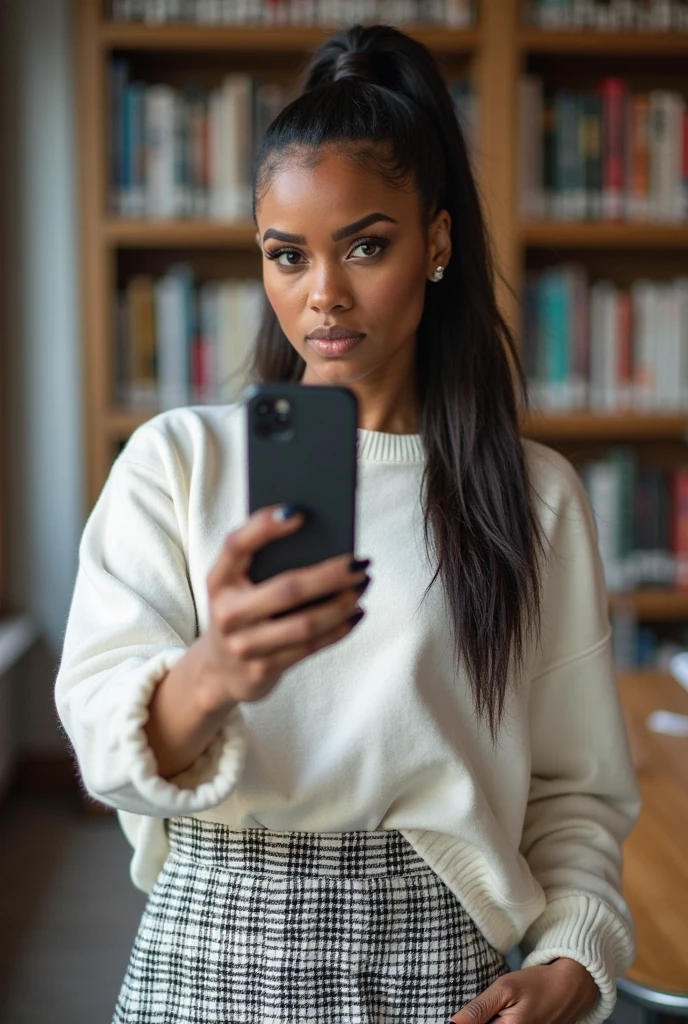 realistic image of beautiful girl, wearing classy sweater outfit, Sitting in a Starbucks with a laptop in front of her, realistic photography, perfect figure, photorealistic, long black hairs, photorealistic, skin tone