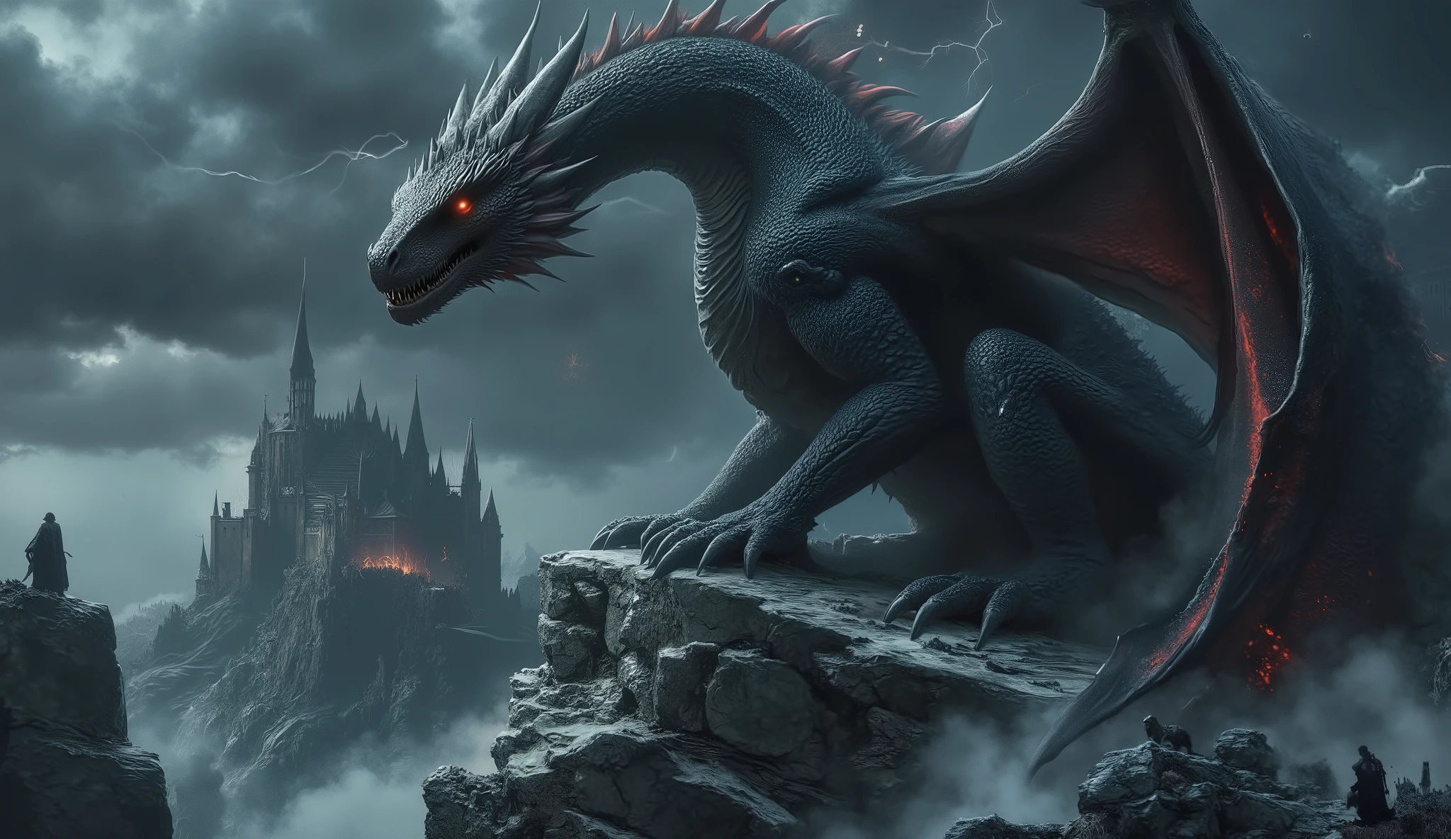 A gothic fantasy mountain landscape under a thunderous night sky. Atop a jagged cliff, a massive ancient dragon begins to awaken. Its obsidian-black scales shimmer with glowing red cracks, as if magma pulses beneath. Mist coils around its wings as they slowly unfurl. In the distance, the silhouette of the castle where the woman lies is visible. Lightning streaks across the sky, illuminating the dragon's glowing amber eyes as it looks toward the source of the summoning — the runes. Dramatic lighting, cinematic style, gothic fantasy, 16:9.