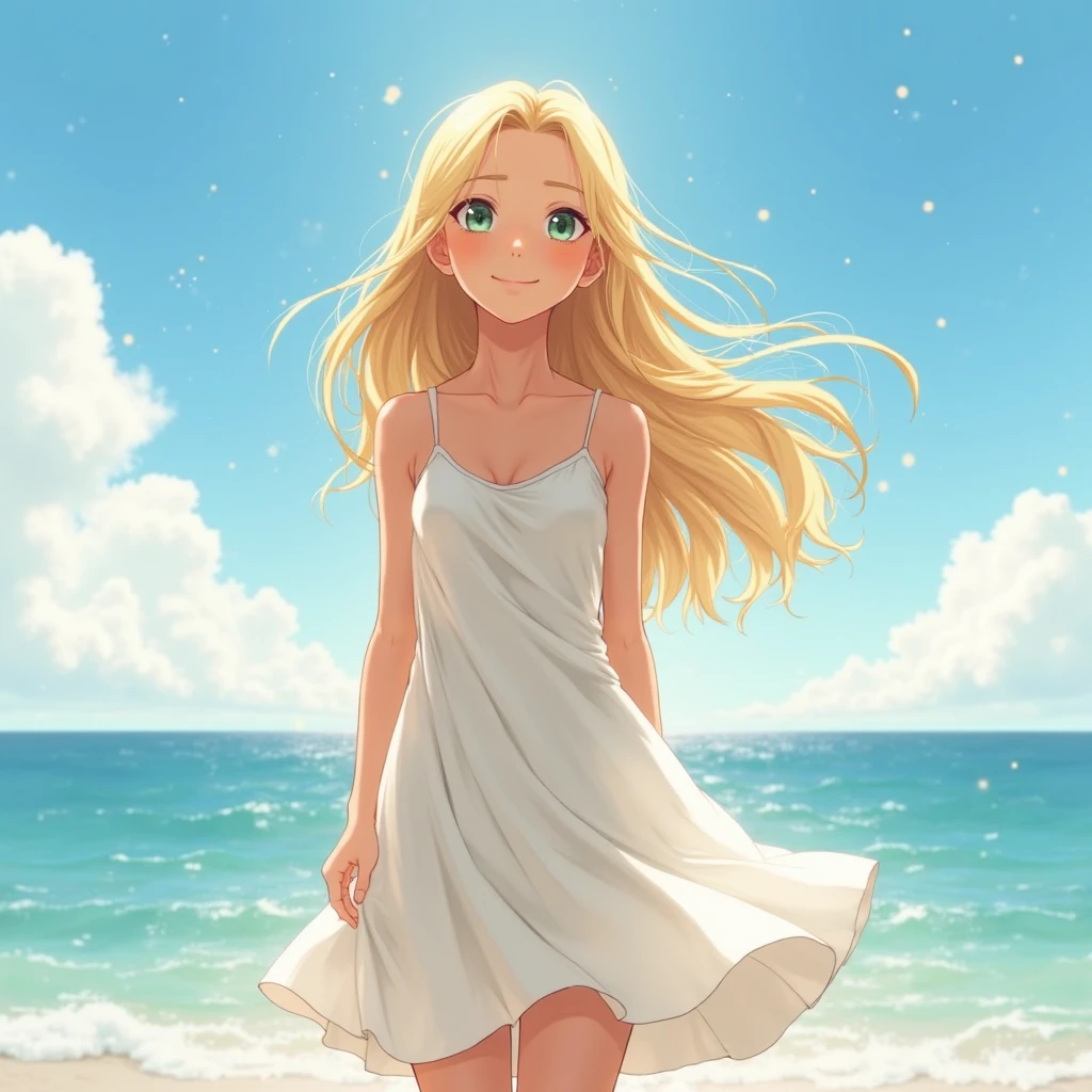 A realistic, photo of an 18-year-old girl with long blonde hair and green eyes, standing by the seaside under the sunlight. She is wearing a light, flowing one-piece dress that moves gently in the breeze. Her expression is warm and joyful, as she smiles softly while feeling the wind. The background features a wide, vivid blue sky with soft clouds, and the ocean glistening in the distance. The color palette is bright and clean, with a natural, airy atmosphere. The scene is full of light and positivity, ideal for a streaming jacket illustration with a fresh, emotional vibe.
