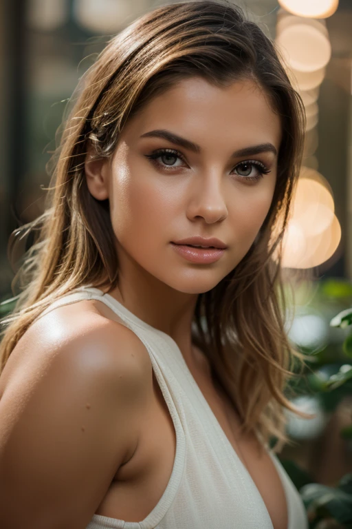 chef-d&#39;artwork, gros plan d&#39;une superbe brune de 30 ans, Very detailed face, seductive green eyes, mysterious, sourire timide, cheveux longs et flottants, photorealistic, photo professionnelle, 4k, High resolution, Very detailed, photo de composition parfaite, Photo brute, silhouette curvy, face au spectateur, regarder le spectateur, real, high detail, best quality, portrait of irina meier, playing basketball 