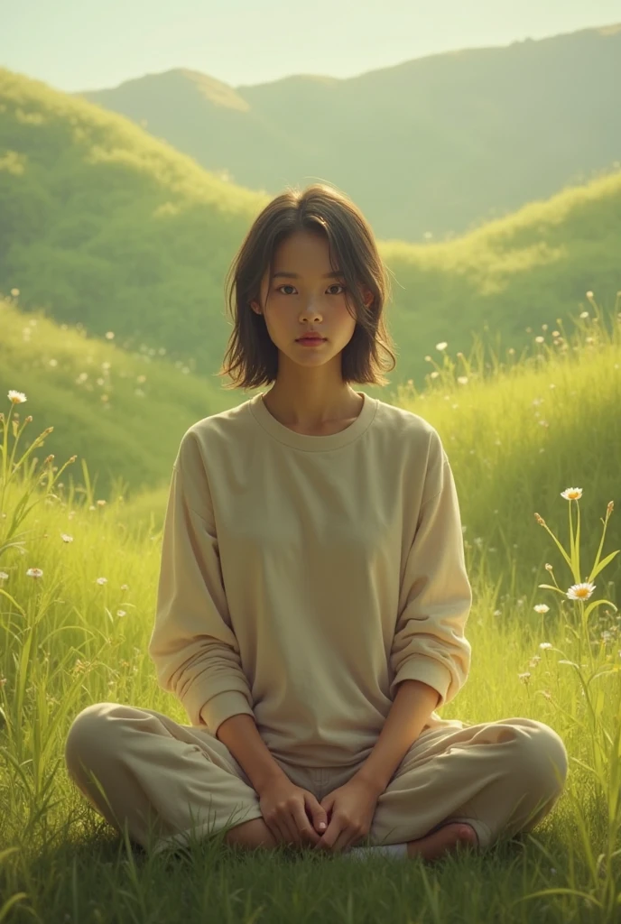 front facing person sitting on grass
