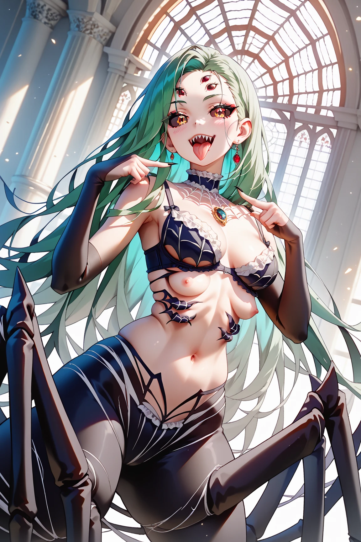 Neryll Tu Odelschwank, Green hair,yellow-eyed, skull, face markings,Large breasts,ssmile , Open your lips, Happy, Room Wear