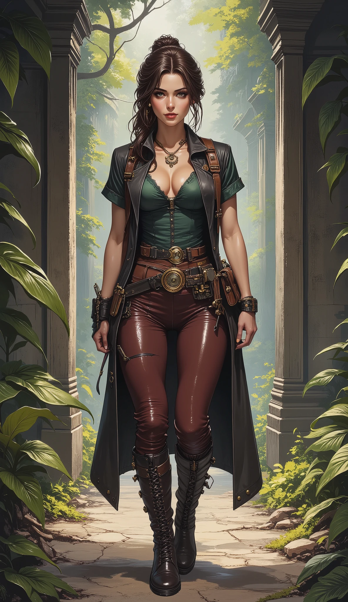 Deep within a dense jungle, where the air is thick with the scent of damp earth and the sounds of rustling leaves, a daring steampunk adventurer makes her way through the remnants of an ancient temple. She is dressed in rugged, form-fitting leather pants that allow for agility as she navigates the treacherous terrain. The leather is a rich mahogany color, scuffed and marked from her many expeditions. Her sun-kissed skin glistens with perspiration, a testament to the heat and humidity of the jungle. Her long, wavy brunette hair is tied back in a loose bun, with a few rebellious strands framing her determined face. She wears a lightweight, short-sleeved shirt made of breathable fabric, its muted green hue blending seamlessly with the foliage around her. Over this, she dons a long, tailored duster coat, its fabric a deep charcoal gray, adorned with brass buttons and pockets filled with various tools and gadgets essential for her explorations. Her sturdy, lace-up leather boots rise to mid-calf, designed for both comfort and durability, with reinforced soles that grip the uneven ground. A leather utility belt cinches her waist, holding an array of pouches filled with maps, a small journal, and other adventuring necessities. Around her neck, a vintage brass locket hangs, containing a cherished photograph that fuels her adventurous spirit. A well-worn satchel slung across her shoulder carries the artifacts she has discovered, each one a piece of history waiting to be uncovered. As she stands before the towering stone ruins, partially reclaimed by nature, her confident stance and keen gaze reveal a woman driven by curiosity and a thirst for discovery, ready to unlock the mysteries hidden within the jungle's depths.
